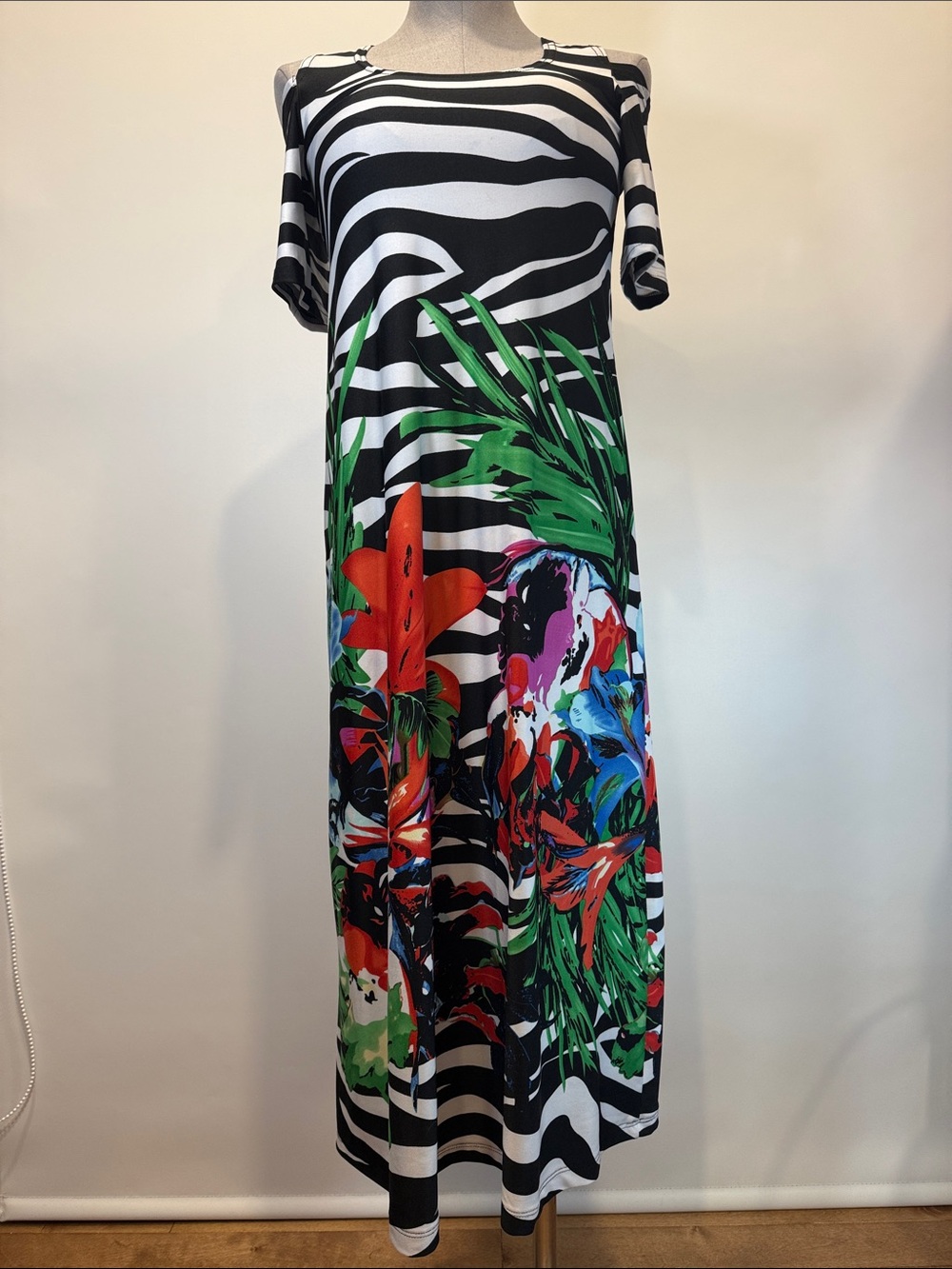 Lace Zebra & Tropical Print Maxi Dress | Cold Shoulder | Fits Medium
